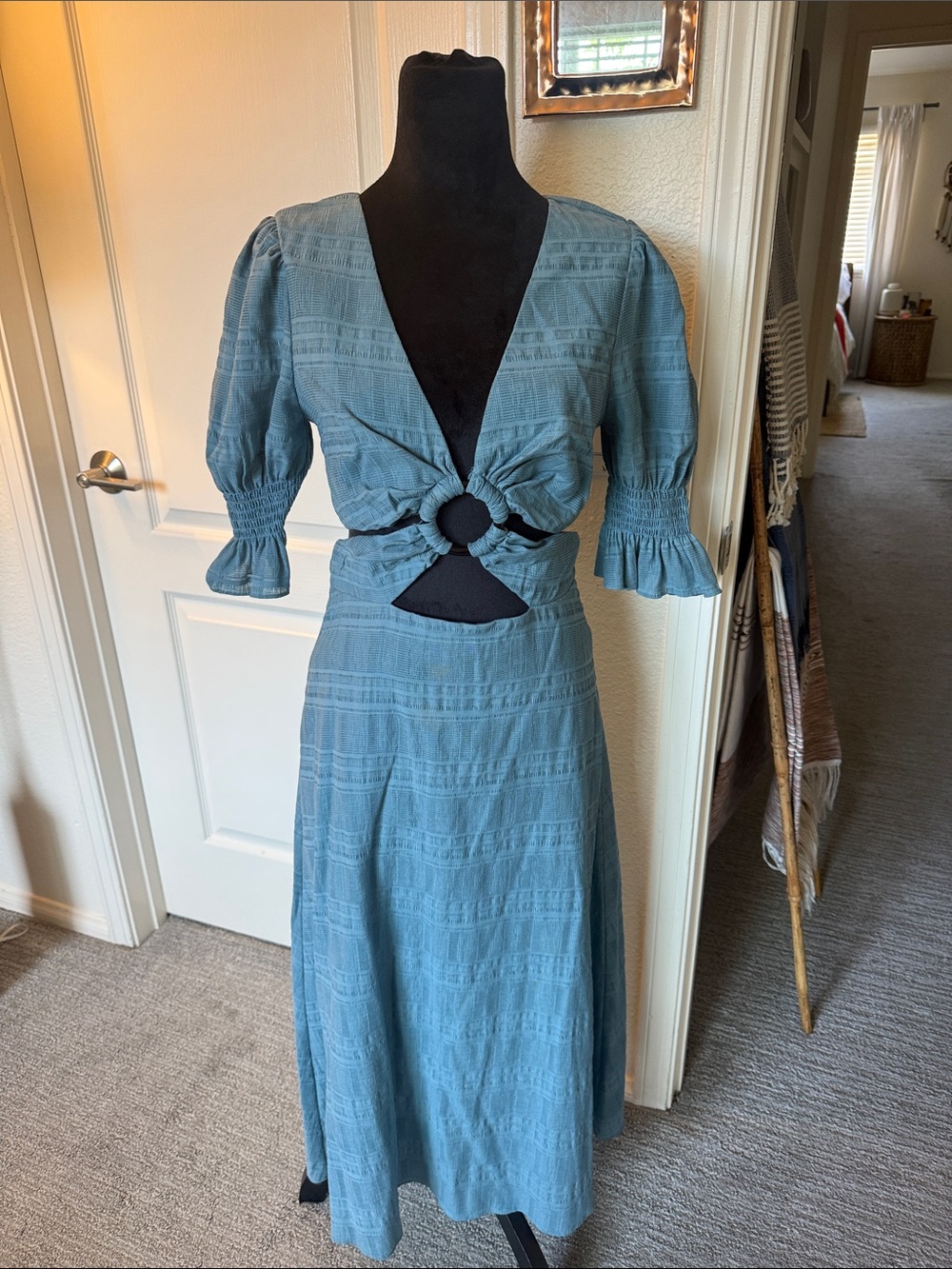 Tularosa Blue Midi Dress with Front Ring Detail